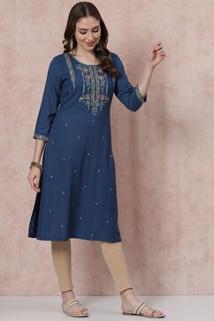 Teal Blue LIVA Straight Kurta image number 3